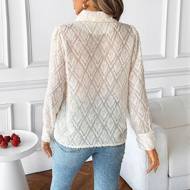 Women's Textured Chiffon Blouse with Lapel Collar and Textured Pattern Mune Fashion