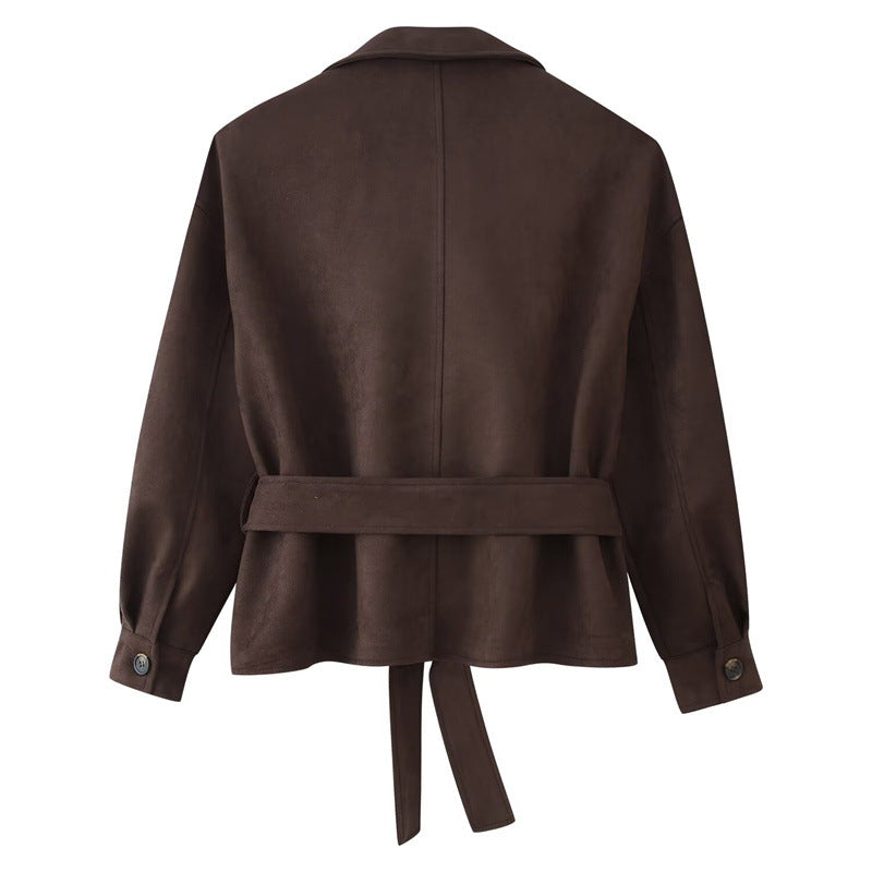 Women's Cropped Trench Coat in Suede Look with Ties and Epaulettes Mune Fashion