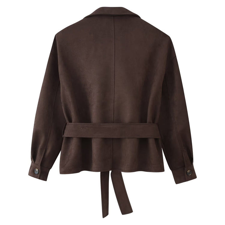 Women's Cropped Trench Coat in Suede Look with Ties and Epaulettes Mune Fashion