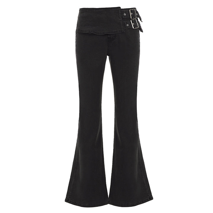 Women High-Waist Bootcut Jeans with Asymmetrical Waistband and Double Buckle Closure Mune Fashion