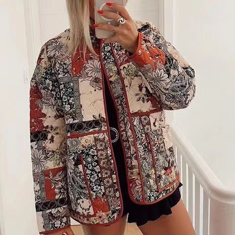 Women's Padded Quilted Jacket in Floral Patchwork Look Mune Fashion