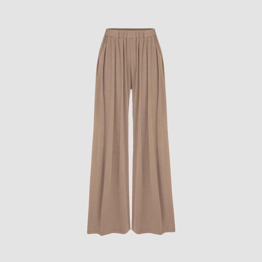 Women's Wide Palazzo Knit Trousers with High Elastic Waistband and Fine Ribbed Texture Drune
