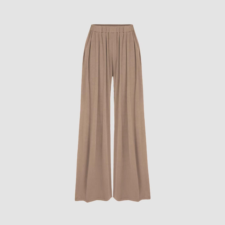 Women's Wide Palazzo Knit Trousers with High Elastic Waistband and Fine Ribbed Texture Drune