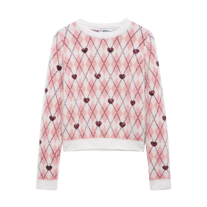 Women's playful argyle knit sweater with sequin hearts and round neckline Mune Fashion