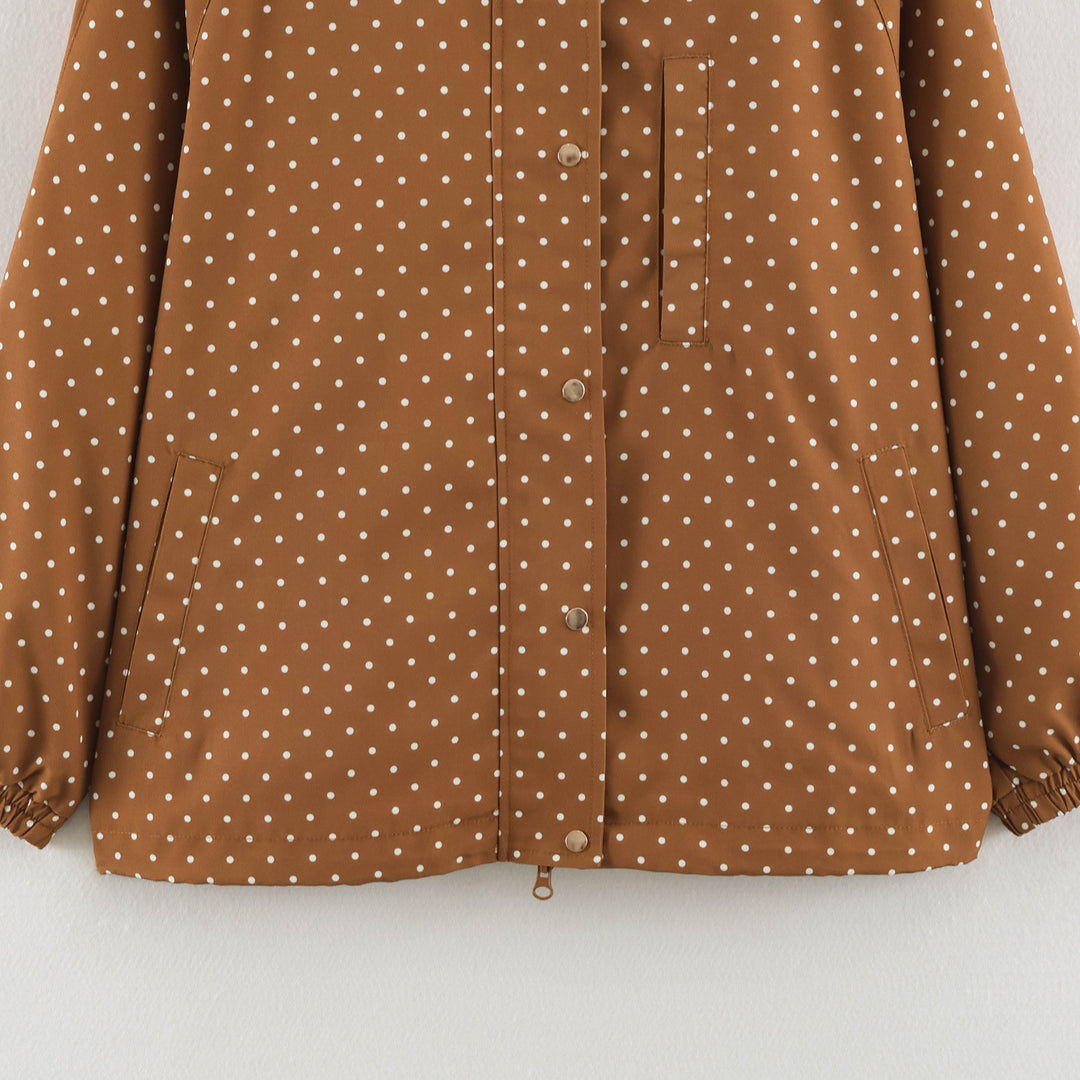 Women's Lightweight Water-Repellent Hooded Jacket with Polka Dot Pattern and Snap Button Placket Mune Fashion