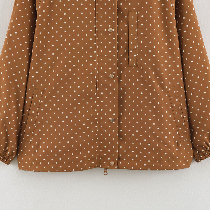 Women's Lightweight Water-Repellent Hooded Jacket with Polka Dot Pattern and Snap Button Placket Mune Fashion