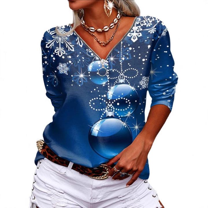 Women's Casual V-Neck Long Sleeve with Festive Ball and Snowflake Print Mune Fashion