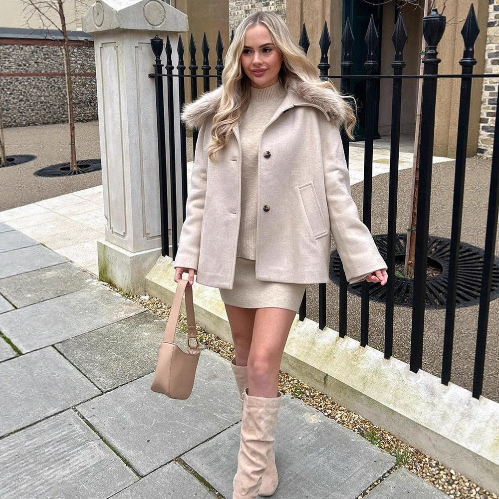 Women's short coat with faux fur shawl collar & boxy oversized silhouette Mune Fashion