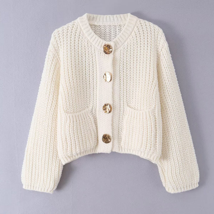 Women Chunky Knit Cropped Cardigan with Decorative Jewelry Buttons and Patch Pockets Mune Fashion