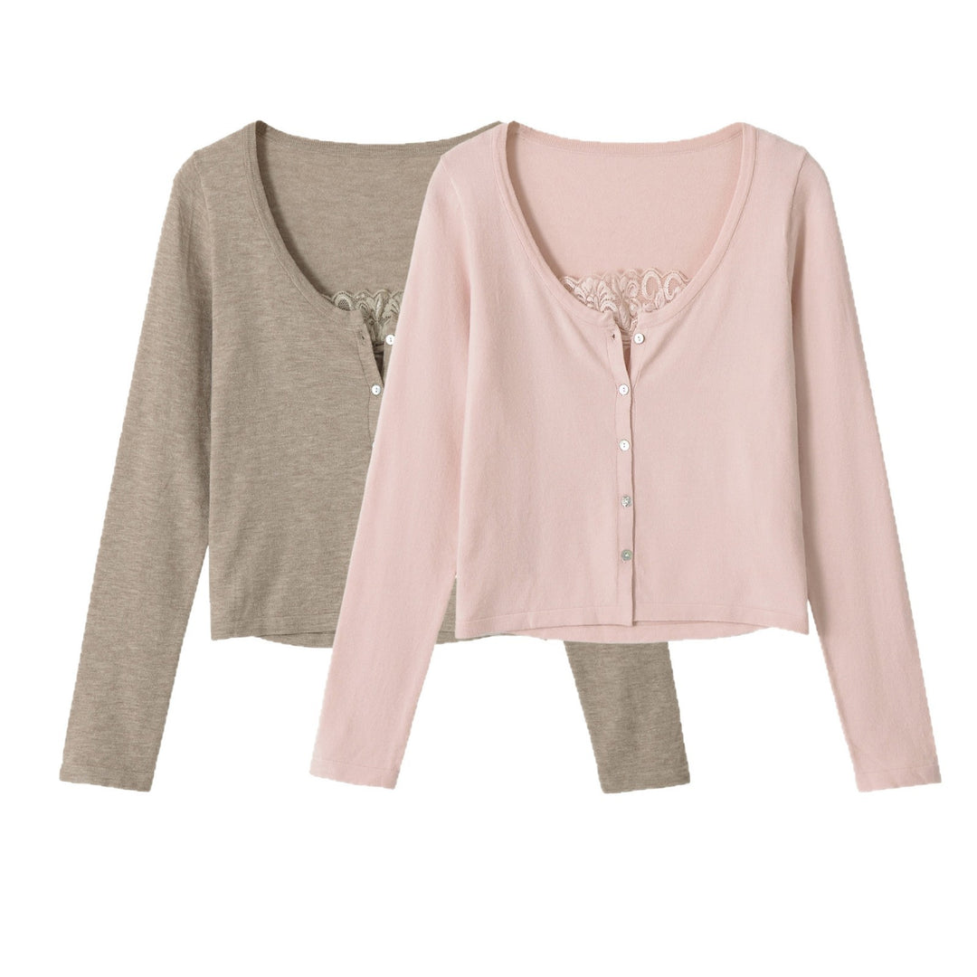 Ladies Fine Cropped Cardigan with Lace Insert and Button Placket Mune Fashion