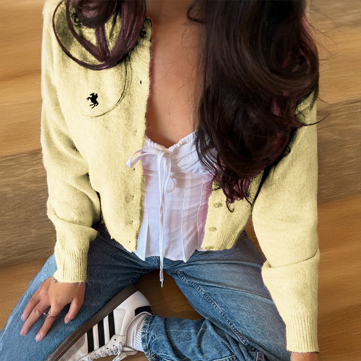 Women’s short fine knit cardigan with pearl buttons, round neck and delicate horse embroidery Mune Fashion