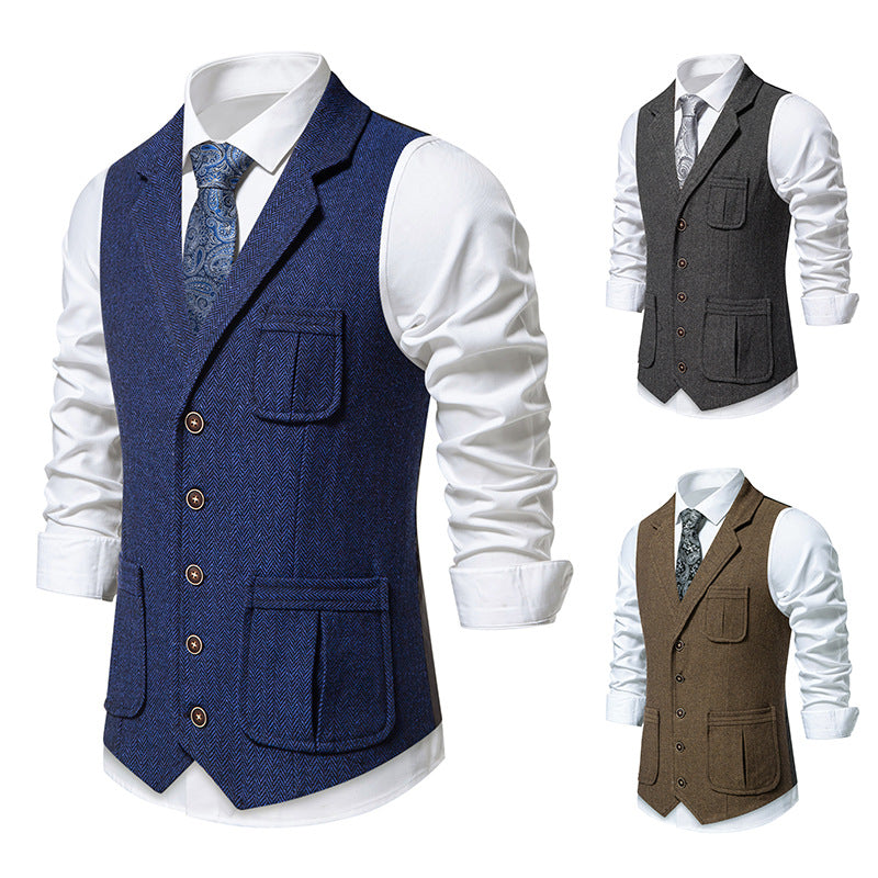 Men's tweed vest with herringbone pattern, notch collar, and flap pockets Mune Fashion