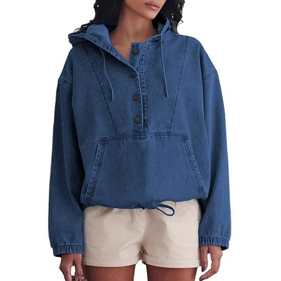 Women's denim hoodie with half button placket, kangaroo pocket, and drawstring hem Mune Fashion