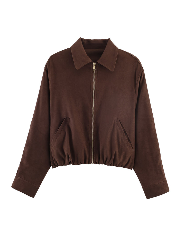 Women's short-cut velour bomber jacket with elastic waistband and full-length zipper Mune Fashion