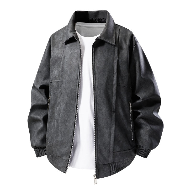 Men's Casual Faux Leather Jacket with Elastic Cuffs Mune Fashion