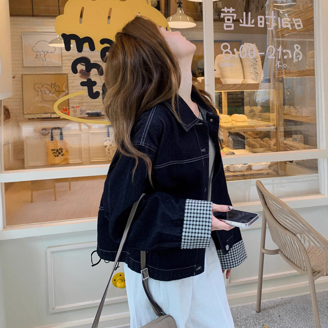 Women Boxy Denim Jacket with contrasting seams, drawstring hem and checked cuffs Mune Fashion