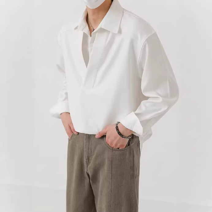 Men's shirt sweater in oversized cut with deep V-neck and classic collar Mune Fashion
