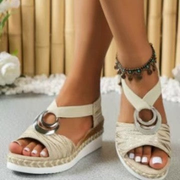 Women Espadrille Wedge Sandals with Braided Jute Sole, Elastic Slingback, and Large Metal Ornament Mune Fashion