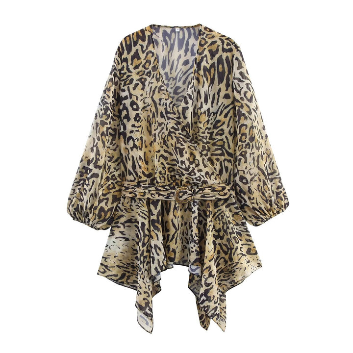 Ladies Asymmetric Wrap Blouse with Leopard Print, V-Neck, Balloon Sleeves, and Waistbelt Mune Fashion