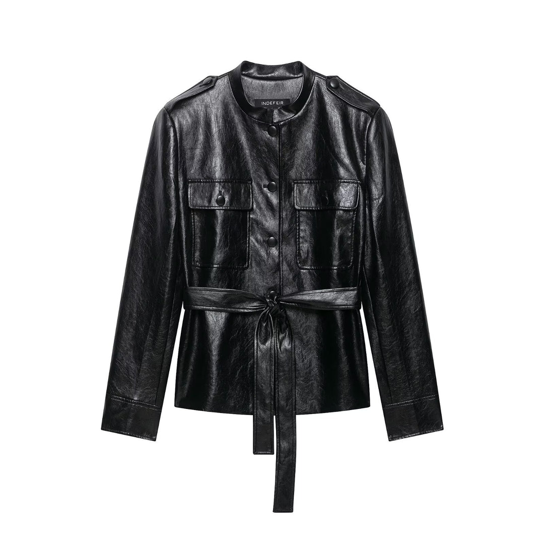 Women's fitted faux leather trench coat with stand-up collar, flapped pockets and tie belt Mune Fashion