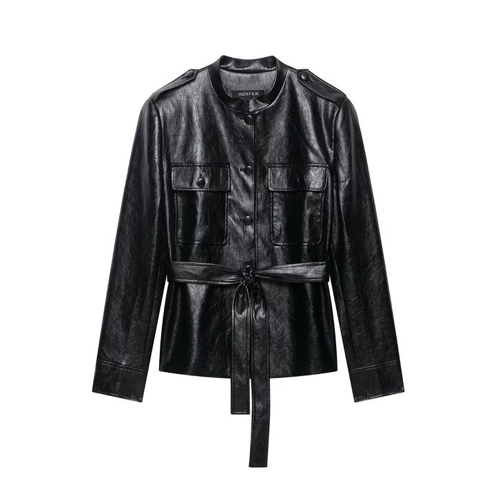 Women's fitted faux leather trench coat with stand-up collar, flapped pockets and tie belt Mune Fashion