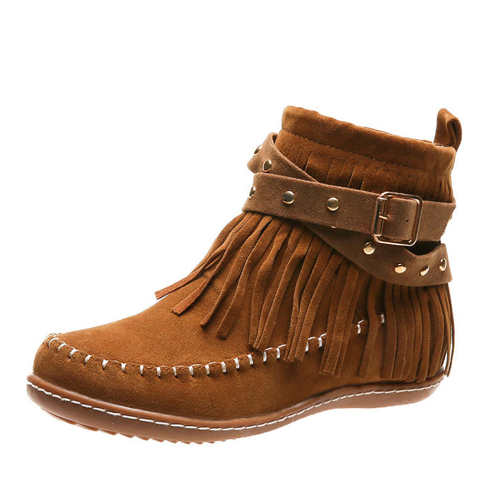 Women's Fransen-Moccasin-Ankle Boot with Decorative Strap, Buckle and Soft Rubber Sole Mune Fashion