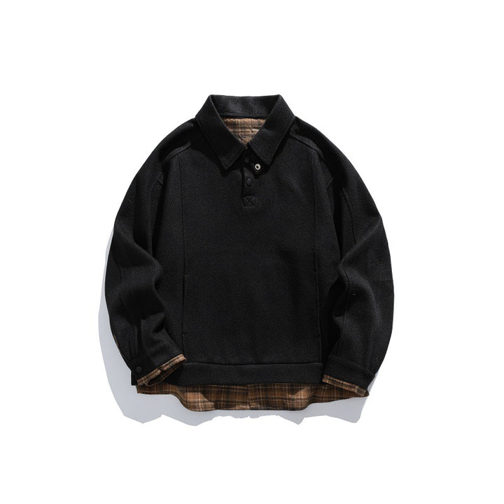 Men's Long-Sleeved Polo Sweatshirt with Kent Collar, Button Placket and Integrated Check Layer Mune Fashion