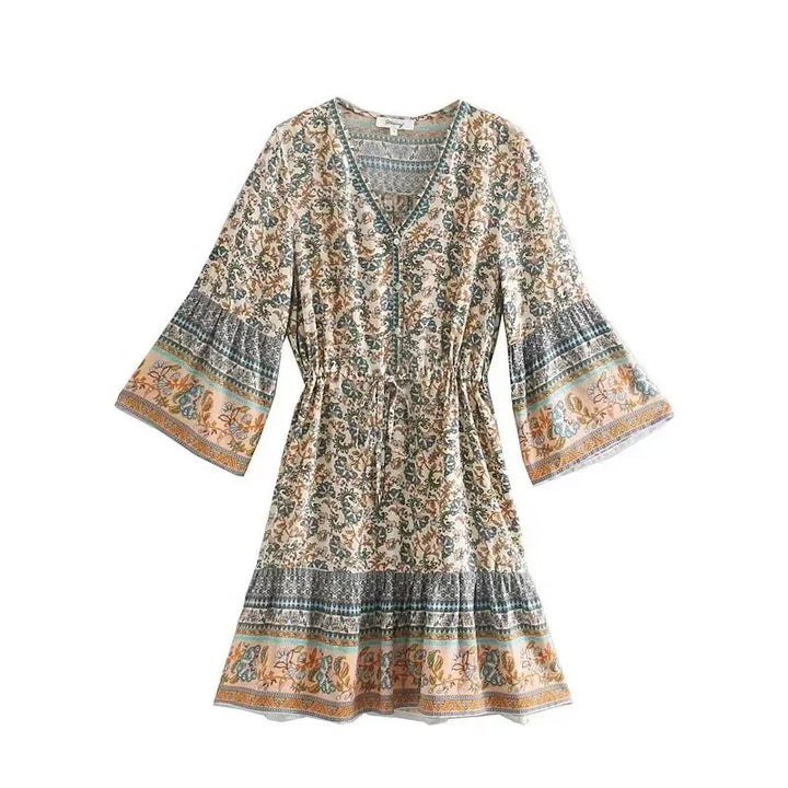 Women's Boho Mini Dress with V Neckline, Drawstring Waist and Bell Sleeves Mune Fashion