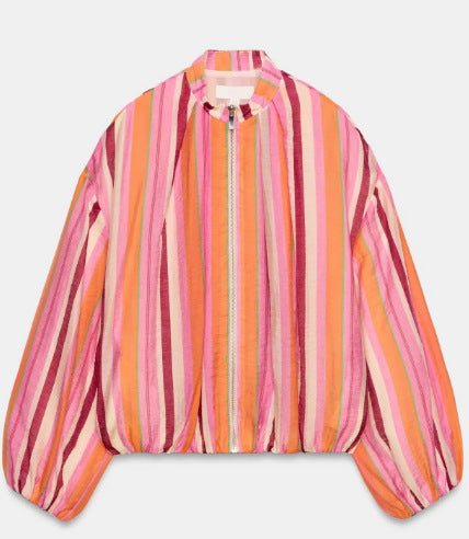 Women's Light Striped Cropped Bomber Jacket with Balloon Sleeves and Zipper Mune Fashion