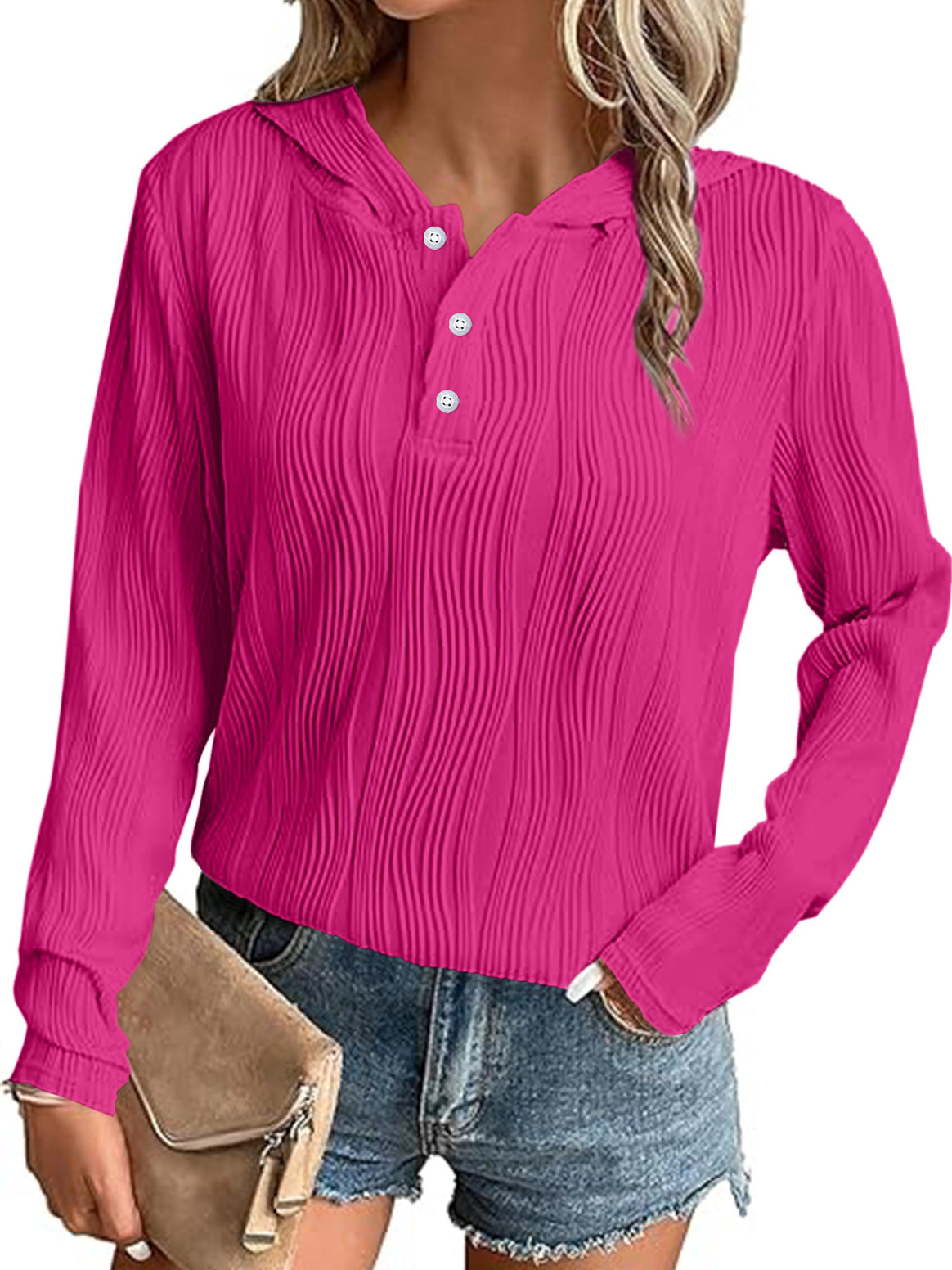 Women's Ribbed Hooded Henley Shirt with Button Placket and Light Texture Mune Fashion