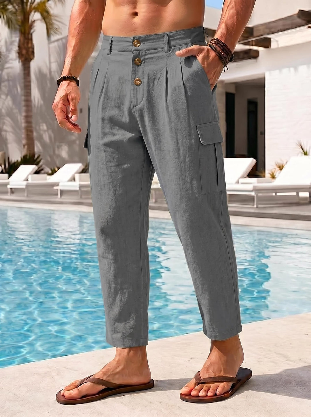 Men's casual linen cargo chino with button placket, pleats, and cropped ankle length Mune Fashion