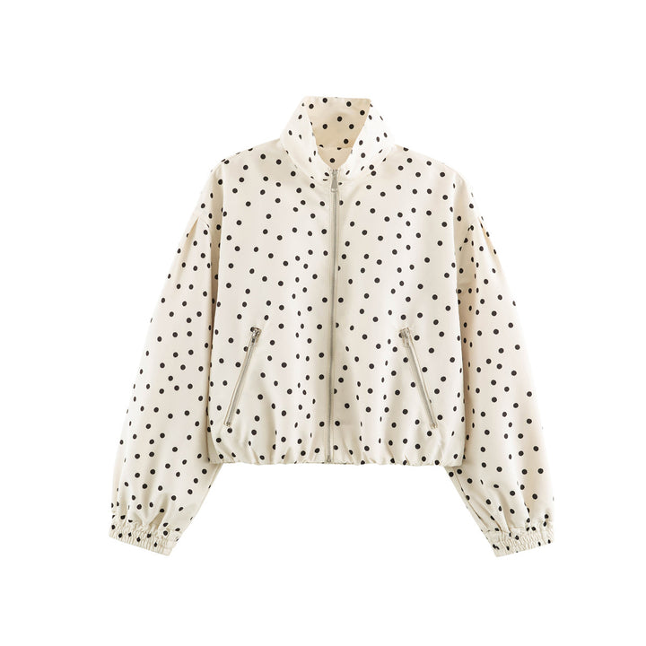 Women Cropped Dotted Bomber Jacket with High Stand Collar, Zipper Pockets, and Elastic Hem Mune Fashion