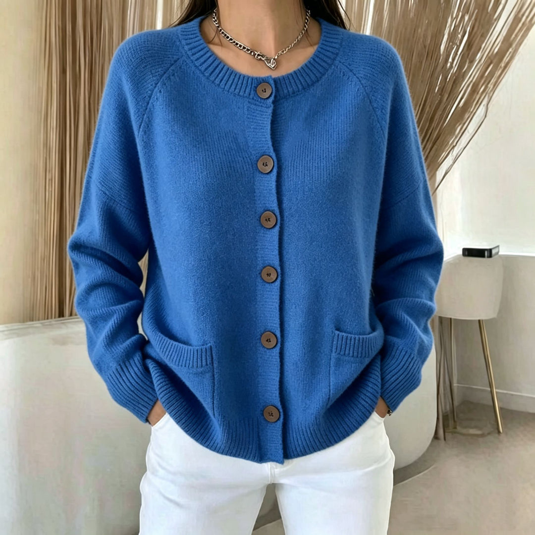 Women Button Cardigan with Round Neck, Patch Pockets and Raglan Sleeves Mune Fashion