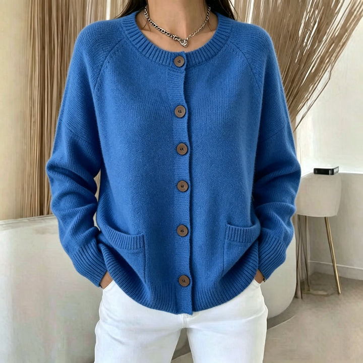 Women Button Cardigan with Round Neck, Patch Pockets and Raglan Sleeves Mune Fashion