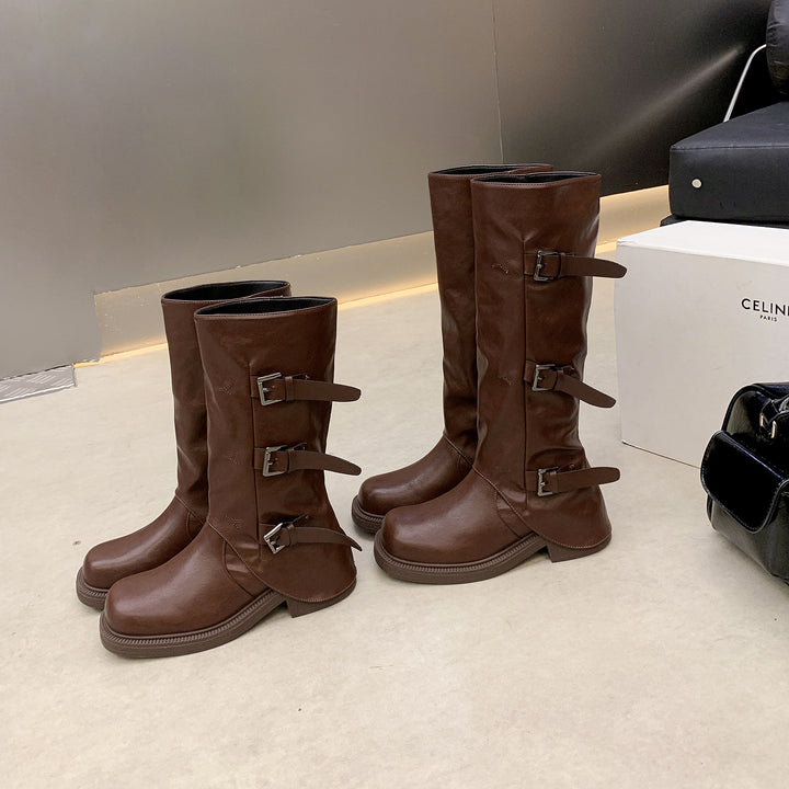Women’s calf-high boots with triple belt buckle and profiled platform sole Mune Fashion