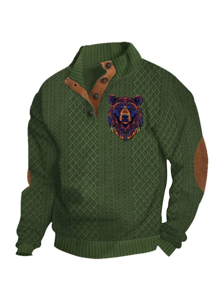 Men's nan Heritage textured pullover with stand-up collar faux leather trim elbow patches and half-button placket Mune Fashion