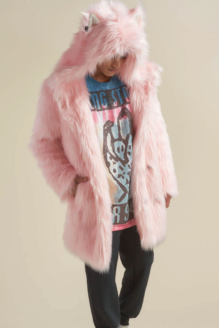 Women's Longer Hooded Faux Fur Coat with Animal Ears and Fluffy High Pile Mune Fashion