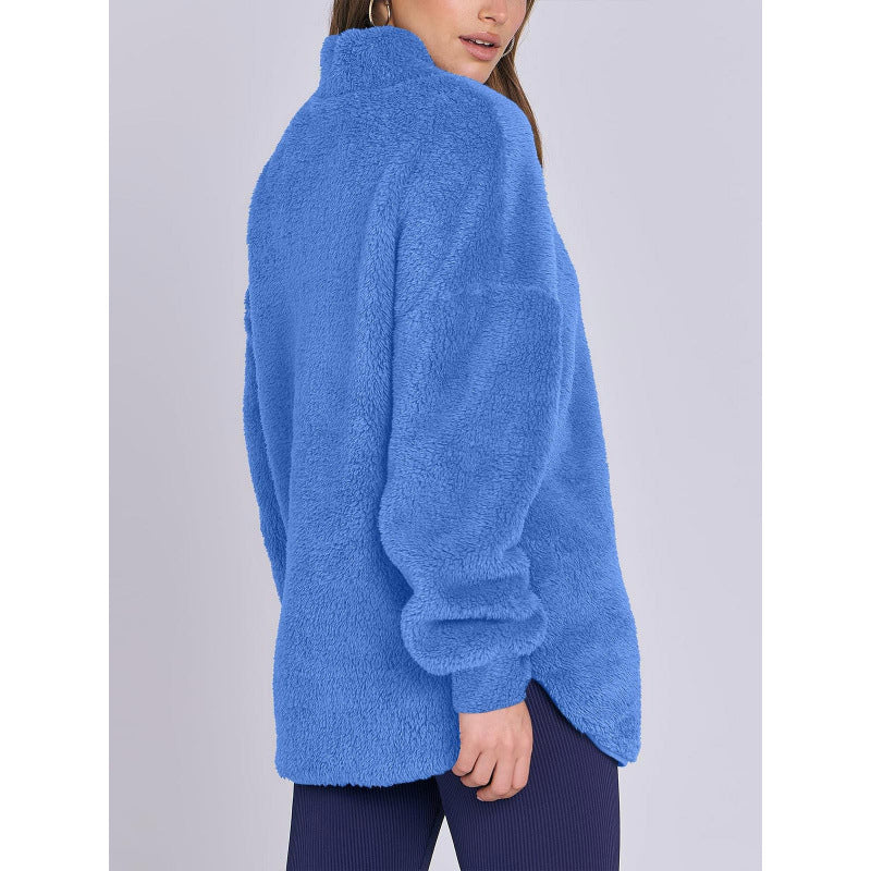 Women Fluffy Oversized Sherpa Pullover with Half Zip and Kangaroo Pockets Mune Fashion