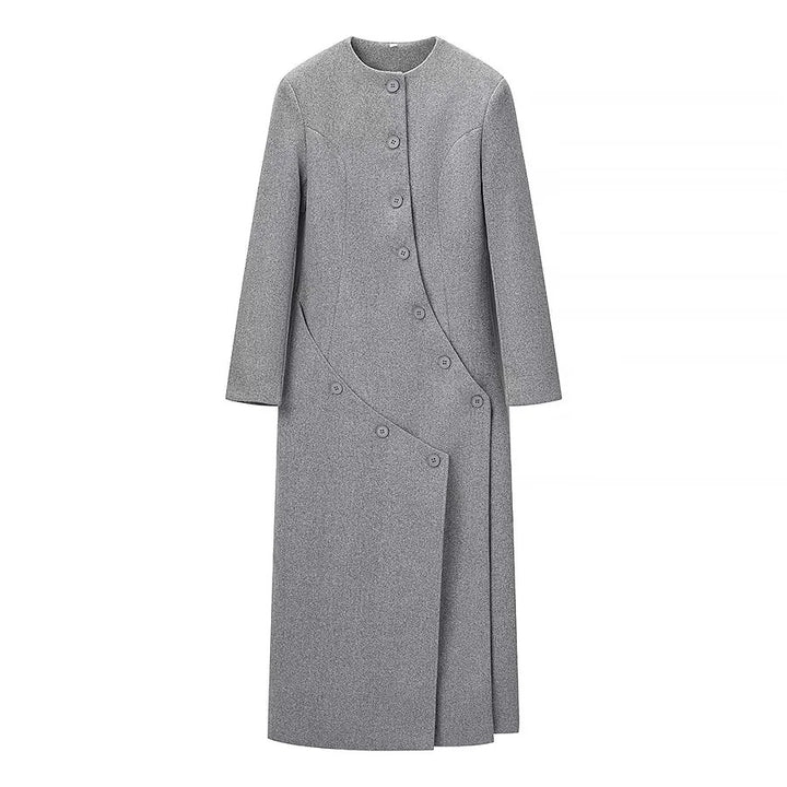 Women's asymmetrical maxi coat with round neckline and curved button placket Mune Fashion