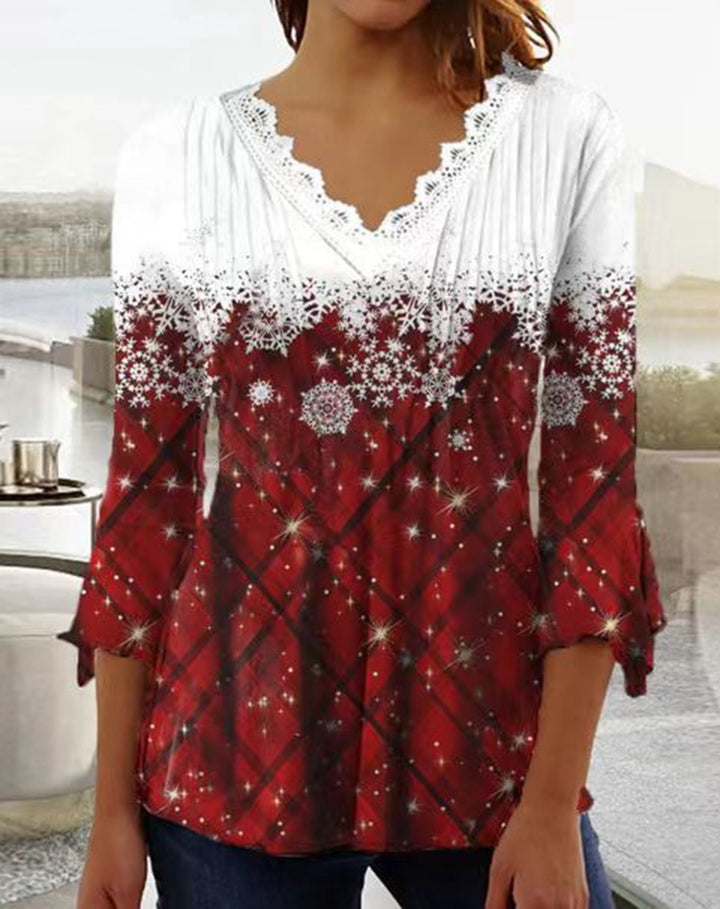 Women's Tunic blouse with lace V-neck, fine pleated yoke and wintry snowflake print Mune Fashion