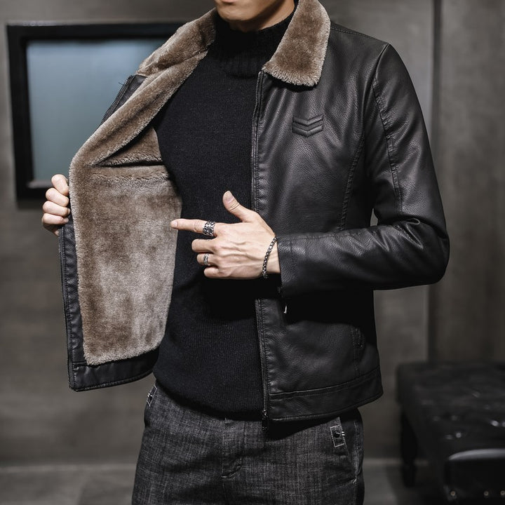 Men's Elegant Leather Jacket with Warm Lining Mune Fashion