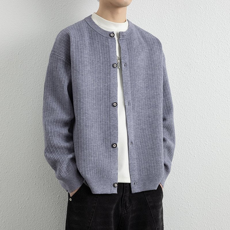 Men's Loose-Fit Structured Knit Cardigan with Round Neck and Button Placket Mune Fashion