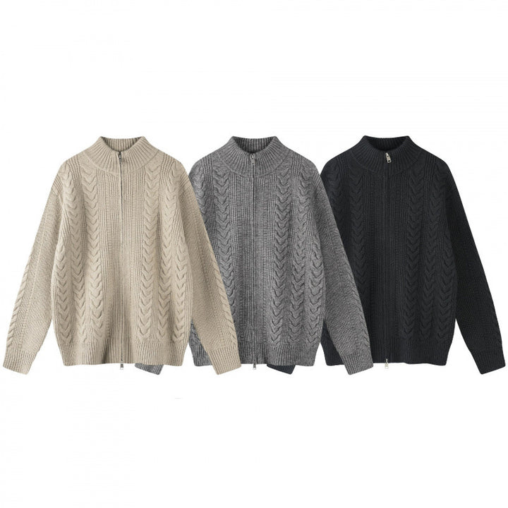 Women chunky knitted cable knit cardigan with full zip and standing collar Mune Fashion