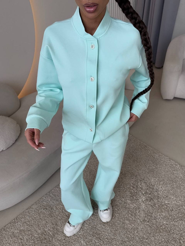 Ladies Two-Piece Loungewear Set with Stand Collar, Decorative Gem Buttons and Wide Palazzo Pants Mune Fashion