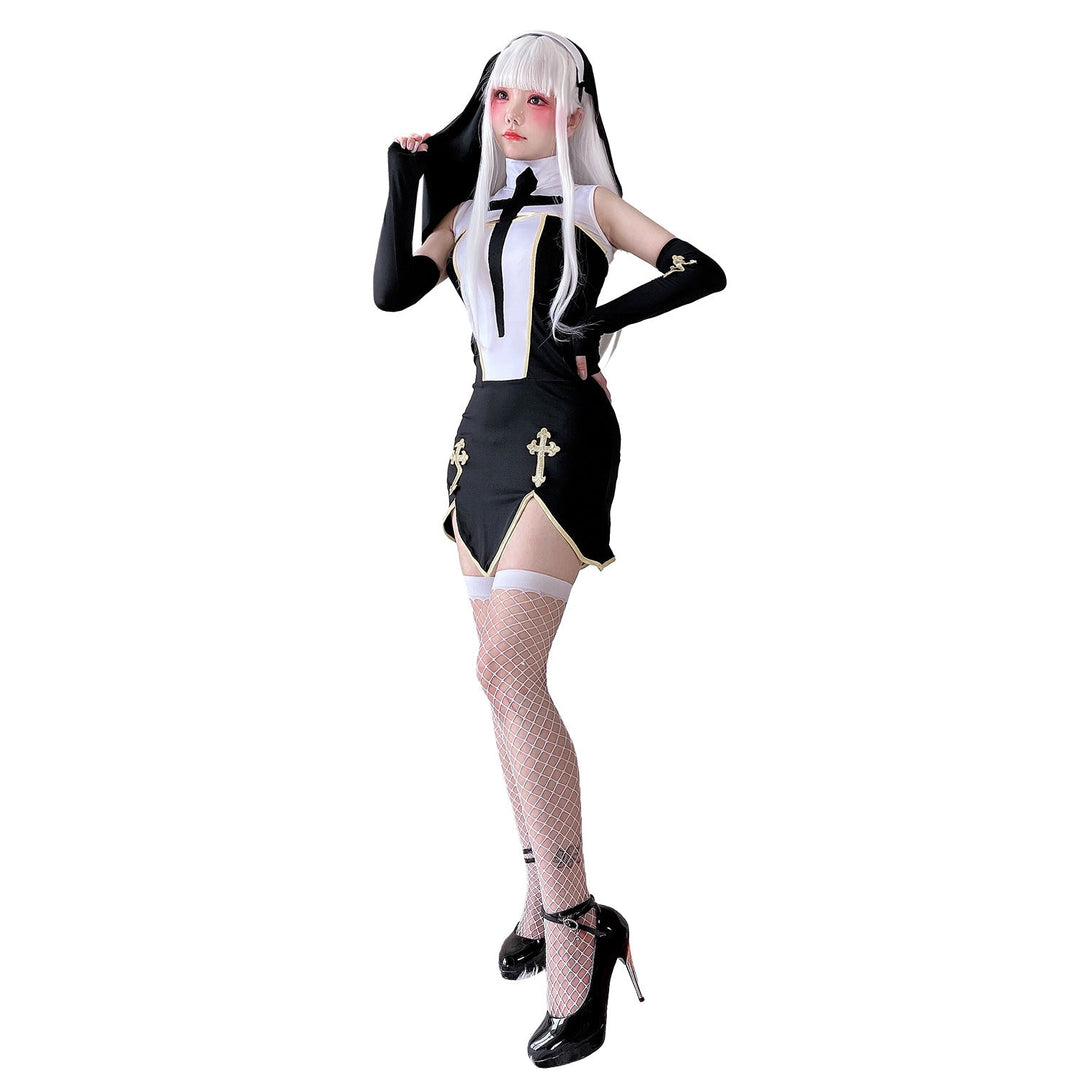 Women's Gothic Mini Dress with Lace Sleeves and Cross Details Mune Fashion