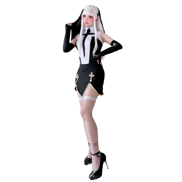 Women's Gothic Mini Dress with Lace Sleeves and Cross Details Mune Fashion