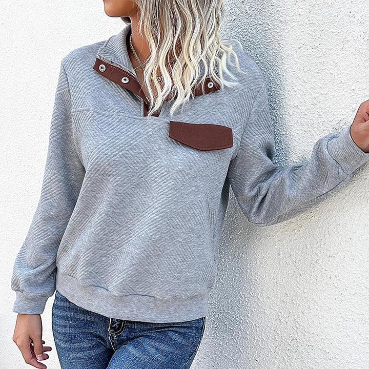 Women Structured Sweatshirt with Stand-up Collar, Snap Button Placket and Chest Flap Mune Fashion