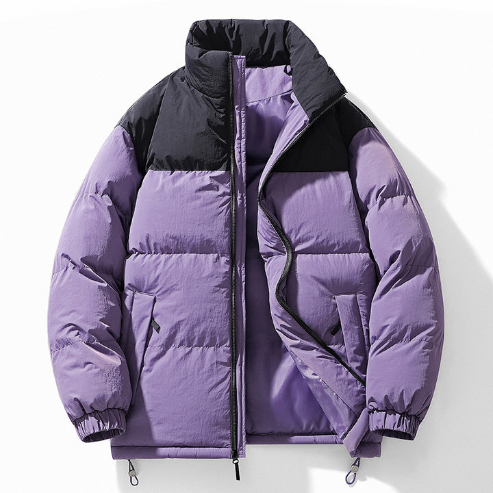 Men's Padded Quilted Jacket with High Collar, Drawstring Hem and Contrast Panel Mune Fashion