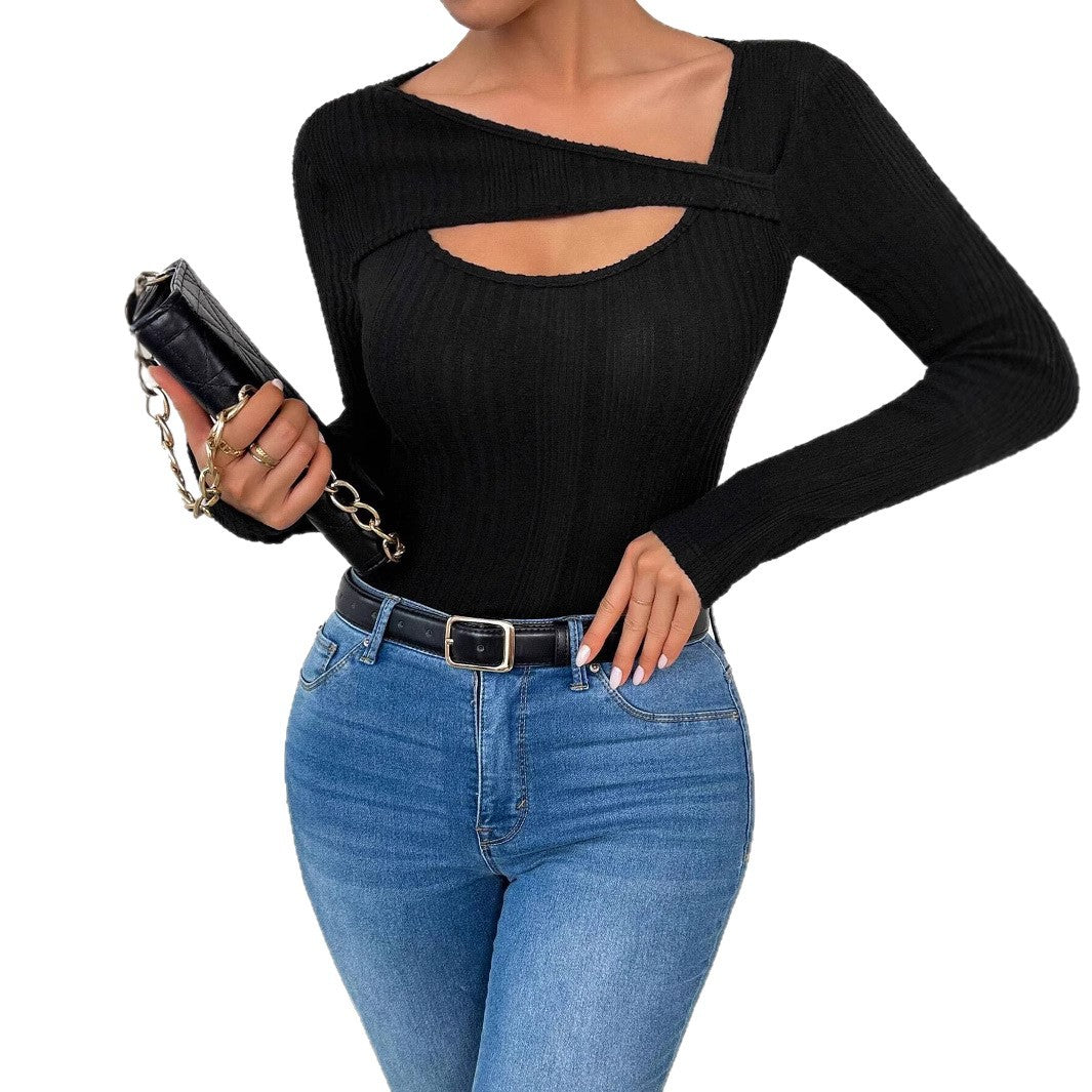 Women's figure-hugging long-sleeved rib knit top with keyhole and asymmetric neckline Mune Fashion