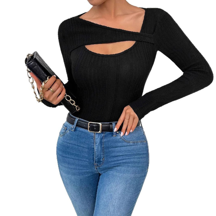 Women's figure-hugging long-sleeved rib knit top with keyhole and asymmetric neckline Mune Fashion